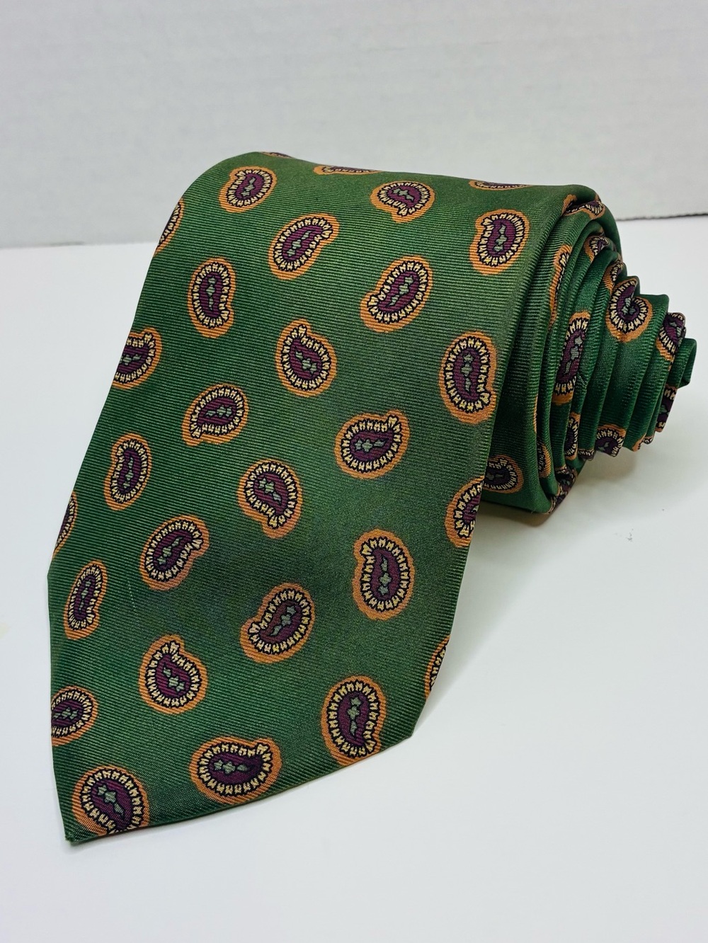 Vtg Chaps Ralph Lauren Silk Tie Green Paisley Medallion Mens Necktie 57" x 3.5"